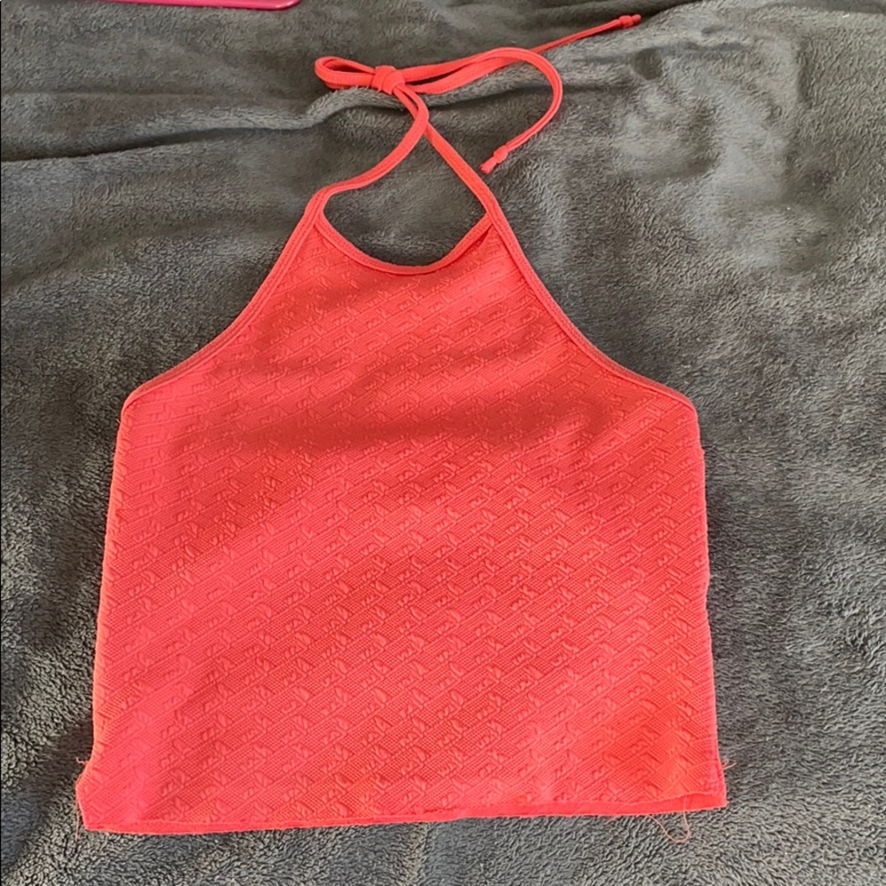 around the neck crop top, peach color.
